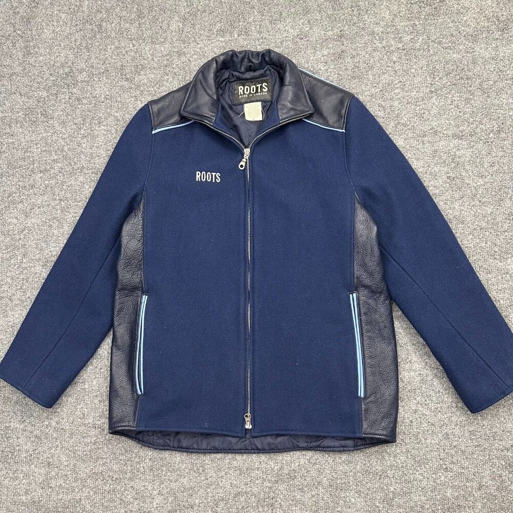 Roots Women's Jacket Full Zip Blue Wool Leather Varsity Vtg Canada Size 4